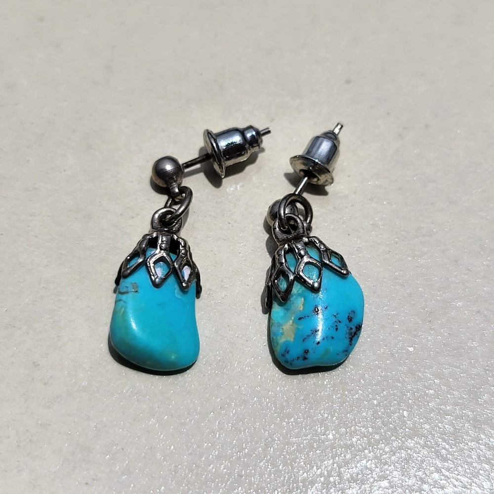 Vintage 925 Sterling Silver Turquoise Drop Earrings Blue Gemstone Crown Setting